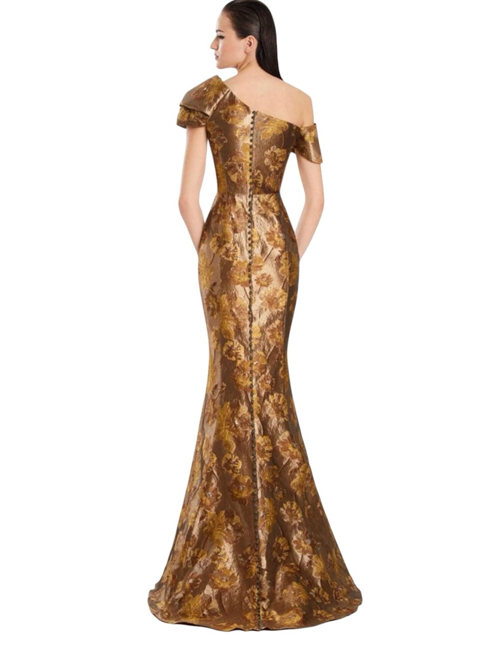 Alexander by Daymor - NWT Asymmetric Floral Mermaid Gown Mocha/Gold Sz 12 - Picture 2 of 8